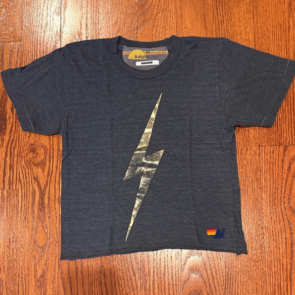 Aviator Nation Heathered Dark Blue Bolt Boyfriend Tee -  Gold Lightning Bolt